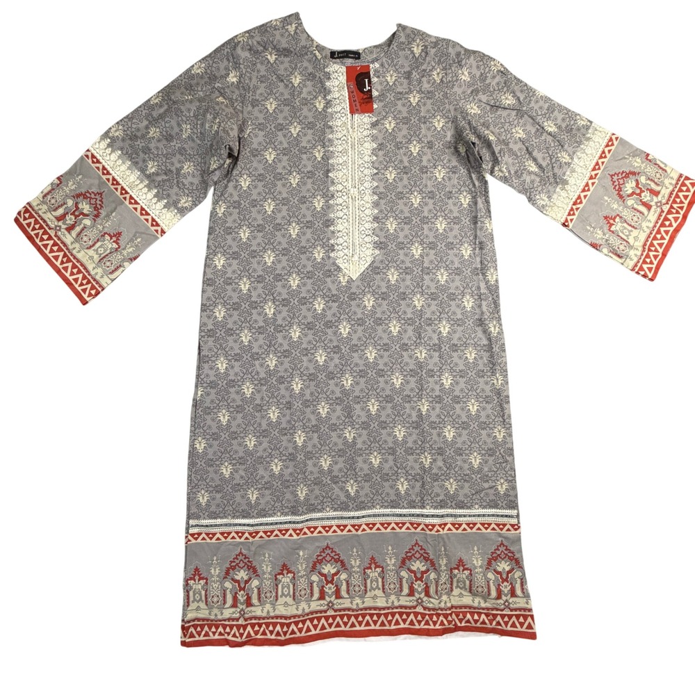 NWT J. Junaid Jamshed Women Grey Cotton Embroidered Kurta Tunic Small